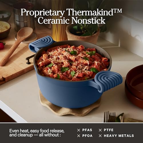 Our Place Perfect Pot | 5.5 Qt Ceramic Pot with Lid & Spatula | Patented 8-in-1, PFAS-Free Nonstick, Non-Toxic Cookware | Induction & Oven-Safe up to 450°F | Blue Salt
