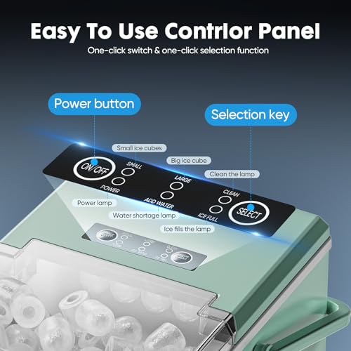 Sweetcrispy Countertop Ice Maker with Scoop, Basket and Handle, Portable Ice Machine 9 Cubes Ready in 6 Mins, 26.5lbs in 24Hrs, 2 Sizes for Home Kitchen Office Bar Party, Green