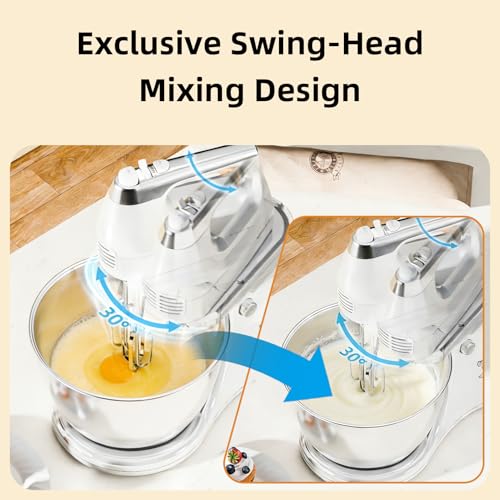 Vikaluz 4.8QT 2-in-1 Stand Mixer, Electric Kitchen Mixer with Auto-Rotating Bowl & Tilt-Head, 5-Speed 250W Turbo Baking Machine for Beginners with Beater & Dough Hook for Cookie, Bread, Cake (White)