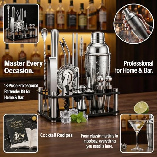 ARTFLY Cocktail Shaker Set, 18-Piece Bartender Kit with Acrylic Stand, 18/8 Stainless Steel Bar Set with Martini Shaker, Jigger, Muddler & Recipe Book for Home Bar