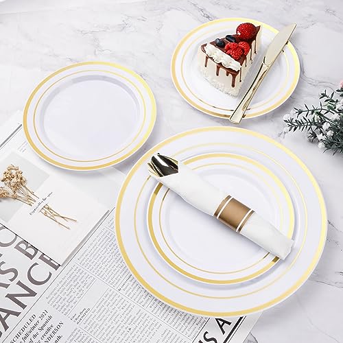 BESTVIP 350PCS Gold Plastic Dinnerware Set, Disposable Party Plates for 50 Guests, Include: 100 Plastic Plates, 50 Pre Rolled Napkins with Gold Silverware, 50 Cups