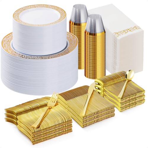 Bestluck 700PCS Gold Plastic Dinnerware Set for 100 Guests, Disposable Plates for Party, Include 100 Gold Dinner