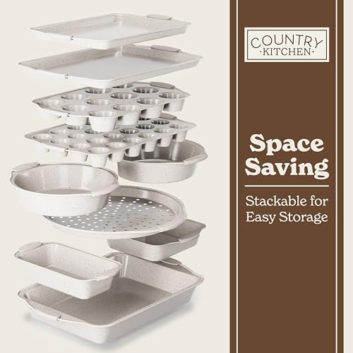 Country Kitchen Nonstick Stackable Bakeware Set - Heavy Duty, Durable, Easy Release Baking Set, Cream, 10 Pcs