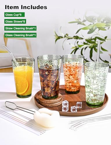 Amyoole Drinking Glasses Set of 8,16oz Green Highball Water Glasses,Stackable Lead-Free Hammered Glass Cups,Kitchen Drinkware Glassware for Cocktail,Beer,Juice,Iced Tea,Margaritas and Mixed Drinks