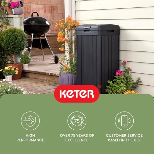 Keter Baltimore Resin 38 Gallon Outdoor Kitchen Trash Can with Lid and Drip Tray for Easy Cleaning-Perfect for Patio Dining, Black