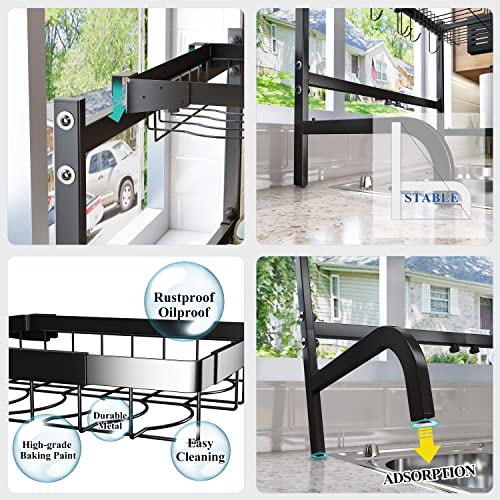 SAYZH Over the Sink Dish Drying Rack, Adjustable (25.5 to 33.5 inch) 2 Tier Metal Steel Dish Drying Racks for Kitchen Counter with Hooks Paper Towel Utensil Cup Holder Sink Caddy (Black)