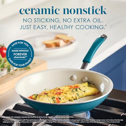 Rachael Ray Cucina Ceramic Nonstick Frying Pans/Skillet Set, Dishwasher Safe, 8.5 inch and 10 inch Open Fry Pans - Marine Blue