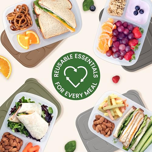 Bentgo Easyboxes - Original Stackable Lunch Boxes - Reusable 3-Compartment Food Containers for Kids and Adults - Bento Lunch Box for Meal Prep, School, & Work - BPA Free, (Earth Tones (4-Pack))