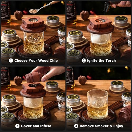 Whiskey Smoker Kit with Torch - 6 Flavors Wood Chips, 2 Glasses, 2 Ice Ball Molds - Cocktail Smoker Infuser Kit, Old Fashioned Drink Smoker Kit, Birthday Bourbon Whiskey Gifts for Men,Dad(NO Butane)