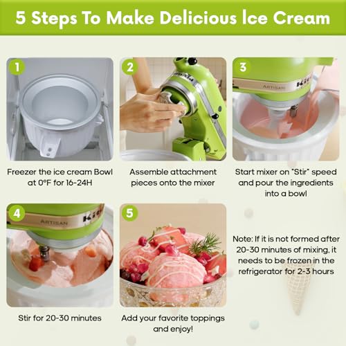 Ice Cream Maker Attachment for KitchenAid Stand Mixer, Compatible with 4.5/5Qt & Larger KitchenAid Stand Mixer, 2 Quart Frozen Ice Cream Bowl, Yogurt & Sorbet Gelato, White