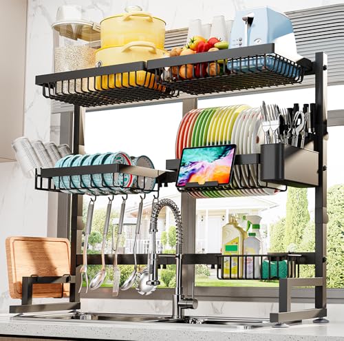 ADBIU Over The Sink Dish Drying Rack (Expandable Height and Length) Snap-On Design 2 Tier Large Dish Rack (27-40L x 12W x