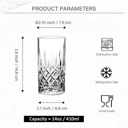 binsakao Highball Glasses Collins Tall Beverage Set of 6, 14 Ounce Cups Glassware for Drinks, Water, Beer, Soda