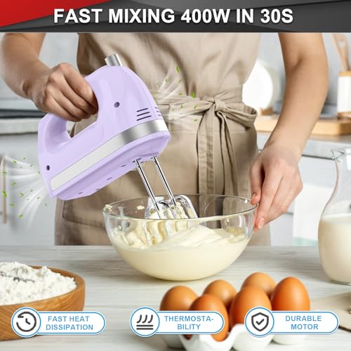 Lord Eagle Hand Mixer Electric Handheld 400W, 5-Speed Lightweight Kitchen Mixer with Storage Case, 5 Stainless Steel Attachments for Baking Cake Egg Cream Food Beater, Turbo+Eject Button, Purple