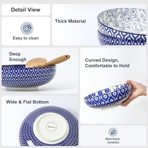 Selamica 9.5" Serving Bowls, 60 OZ Large Salad Bowls Set of 3 for Entertaining Party, Ceramic Bowls for Kitchen, Pasta, Soup, Dinner, Vintage Blue