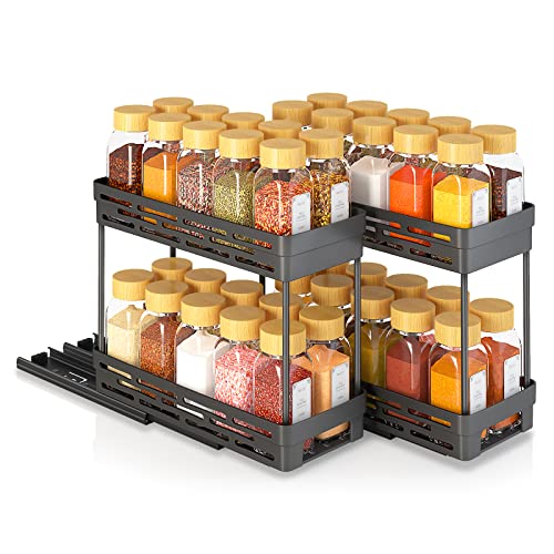2 Pack Pull Out Spice Rack Organizer for Cabinet, Slide Out Spice Racks Organizer, Spice Cabinet Organizers, Cabinet Size Need:12'' Highx11'' Deepx5'' Wide,Hold 10 Spice Jar Each Tier-2Tier, Black