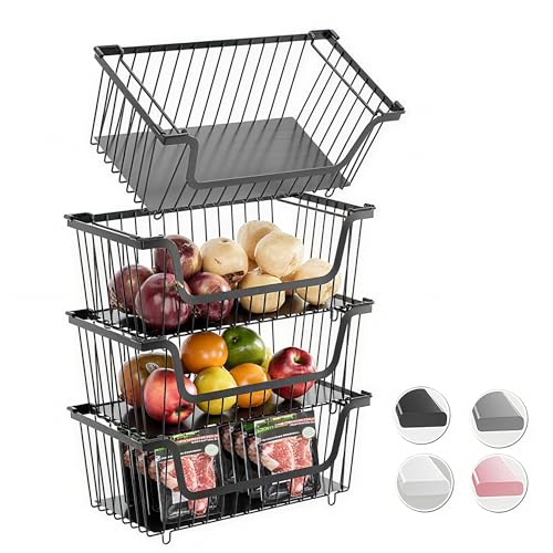 GAOKASE 4 Pcs Stackable Wire Baskets for Pantry Organizers and Storage,Vegetable Fruit Basket for Countertop,Kitchen Storage Metal Baskets,Produce Potato Onion Storage Bin-Black