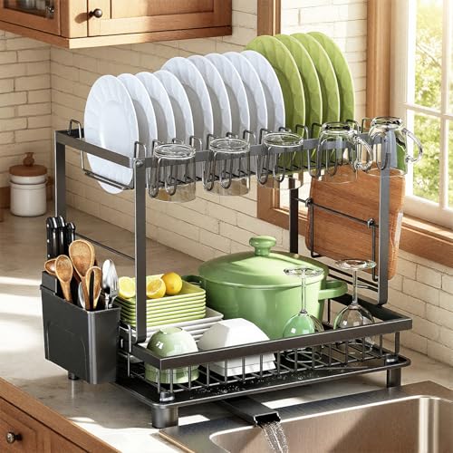 Nfnoyp Dish Drying Rack, 2 Tier Space-Saving Dish Rack, Multifunctional Dish Drainer for Kitchen Counter with Drainboard/Utensil/Cup Holder Rustproof Carbon Steel, Black