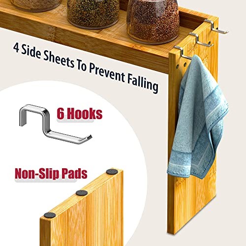 IIIOIIIA Bamboo Over the Stove Spice Shelf for Kitchen, 31.5" Spice Rack Organizer Shelf with 6 hooks, 11.4" Height Extra Storage Countertop, Easy to Assemble