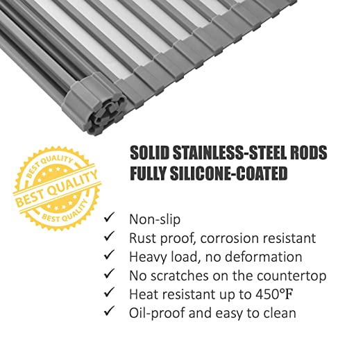 Mistifi Silicone-Coated Stainless Steel Over The Sink Multipurpose Roll-Up Dish Drying Rack, 20.8"X13.2", Heat Resistant Non Slip Dish Draining Rack BPA Free Dishwasher Safe (L, Gray)