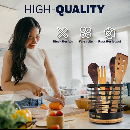 NestEasen Utensil Holder for Kitchen Counter - Rotating Utensil Holder for Countertop, Wooden Steel Spatula Holder Organizer, Large Decor Caddy for Kitchen Utensils and Cooking Spoon Container
