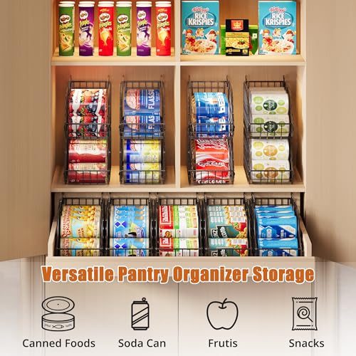 Sonyabecca 4-Pack Stackable Canned Food Organizer with Handles, Soda Can Organizer for Kitchen Pantry Shelves, Foldable Wire Cabinet Shelf for Can Storage, Patent Pending, Black