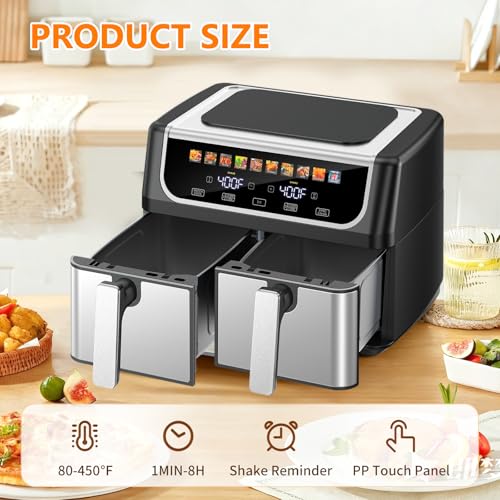 DUMOS 9.5 Quart Dual Basket Air Fryer, 10-in-1 Large Airfryer with Ceramic Crisper Plate, Sync Finish & Match Cook, Shake Reminder, Wide Temperature 80-450°F, Roast Bake Defrost Dehydrate, Black