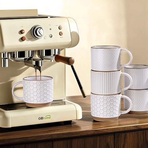 GBHOME 12OZ Stackable Coffee Mugs, Ceramic Coffee Mugs with Texture Patterns for Man,Woman,Dad,Mom, Modern Coffee Mugs Set of 4 for Latte/Cappuccino/Cocoa. Dishwasher&Microwave Safe, Off White