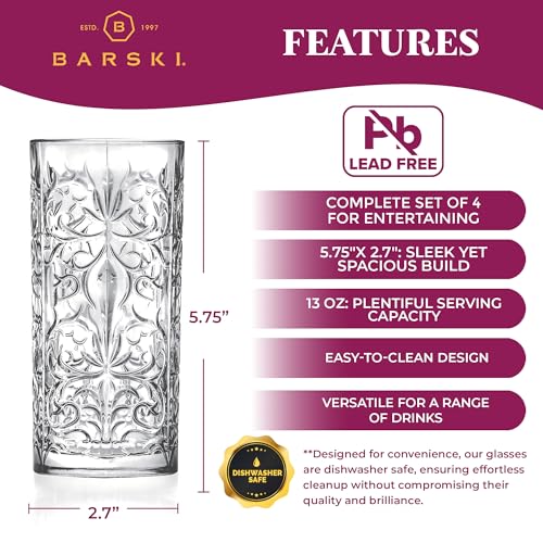 Barski Highball Glass - Drinking Glasses - Set of 4 - Hiball Tumblers - Glass Crystal Tumbler - for Water, Juice, Beer, Mixed Cocktails, Mojito Glass, Tom Collins Bar Glassware, 13 oz, Made in Europe