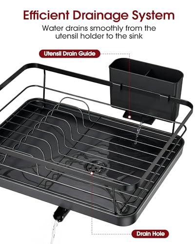 Sakugi Dish Drying Rack - Stainless Steel Dish Rack with Drainboard for Kitchen Counter and Sink, 15.6" D x 12" W x 5" H, Black
