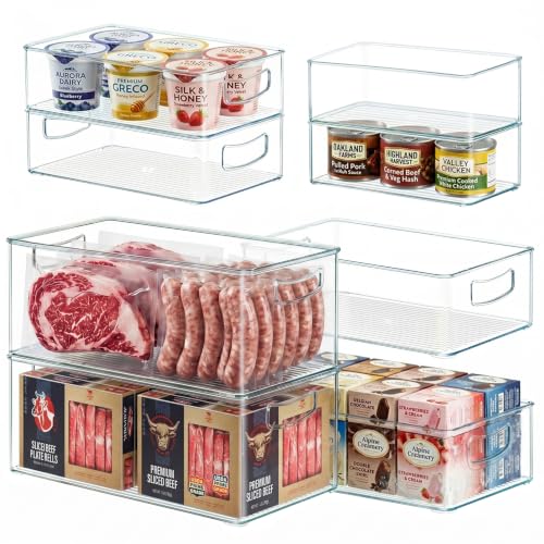Heyuzb 8 PACK Freezer Organizer Bins Fridge Organizers and Storage Stackable Refrigerator Organizers Bins with Side Handles Clear Storage Bins for Pantry, Under Sink, Kitchen Cabinet