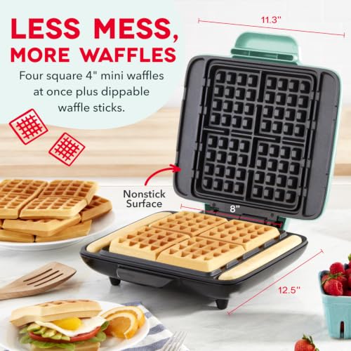 DASH No-Drip Waffle Maker: Waffle Iron 1200W + Waffle Maker Machine For Waffles, Hash Browns, or Any Breakfast, Lunch, & Snacks with Easy Clean, Non-Stick + Mess Free Sides - Aqua