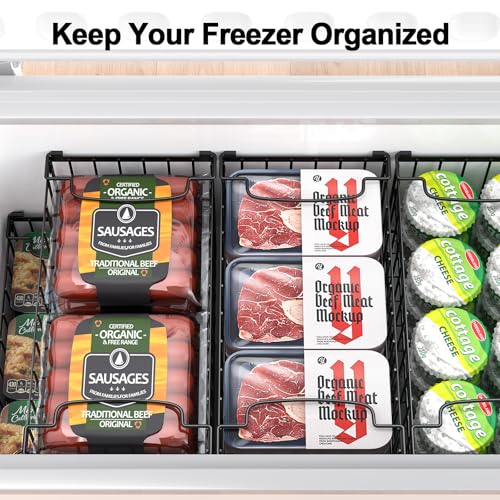 MSERCUOR Freezer Organizer Bins, 4 Pack Stackable Deep Chest Freezer Organizer Bins, Foldable Baskets with Handles, Black Storage Container Baskets for 5/ 7 Cu.FT Deep Freezer Sort Frozen Meats