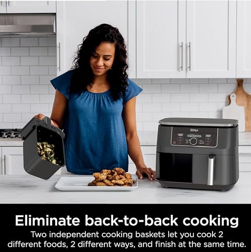Ninja AD150 Foodi 8 Quart 6-in-1 DualZone 2-Basket Air Fryer with 2 Independent Frying Baskets, Match Cook & Smart Finish to Roast, Broil, Dehydrate & More for Quick, Easy Meals, Black (Renewed)