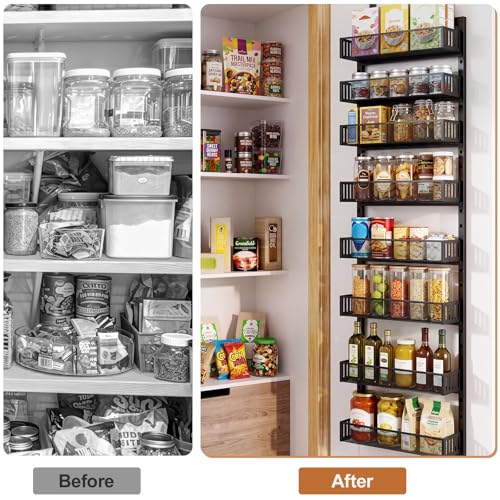 Over the Door Pantry Organizer, 8-Tier Heavy-Duty Door Spice Rack with Mesh Baskets, Height Adjustable & Anti-Swing Design, Pantry Door Organizers and Storage for Kitchen, Bathroom, Laundry Room