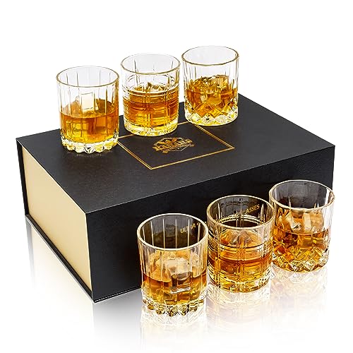 KANARS Crystal Whiskey Glasses, Mixed 10 Oz Scotch Glasses Set of 6, Rock Bar Tumblers 3 Patterns in Luxury Gift Box for Birthday, Anniversary, Housewarming, Father's Day and Wedding