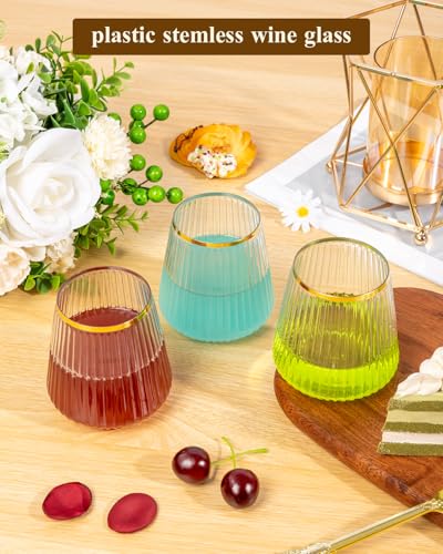 Goodluck 36 Pack 12oz Stemless Plastic Wine Glasses – Clear Ribbed Cups with Gold Rim, Fancy Reusable Disposable Drinkware for Weddings, Parties, Bars, Indoor and Outdoor Events