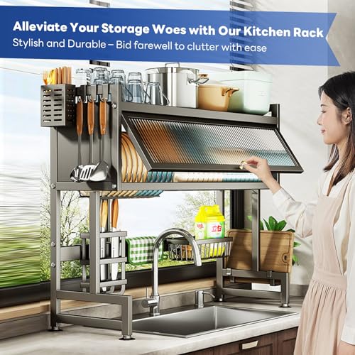 Hdrriozu Over the Sink Dish Drainer Drying Rack 3 Tier with Cover