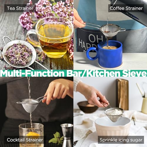 Homestia 3.3" Fine Mesh Strainer for Kitchen, 304 Stainless Steel Cocktail Sieve Sifters For Food, Liquid Drink Strainers Cup for Tea, Rice, Oil, Noodles, Fruits, Vegetables (Silver)