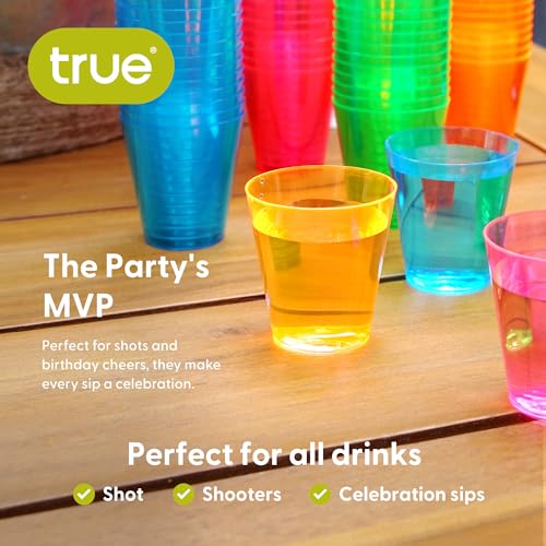 True Neon Multicolor Plastic Party Shot Glasses - Disposable Shot Glasses for Outdoor Drinking - Assorted Colors 2oz Set of 60