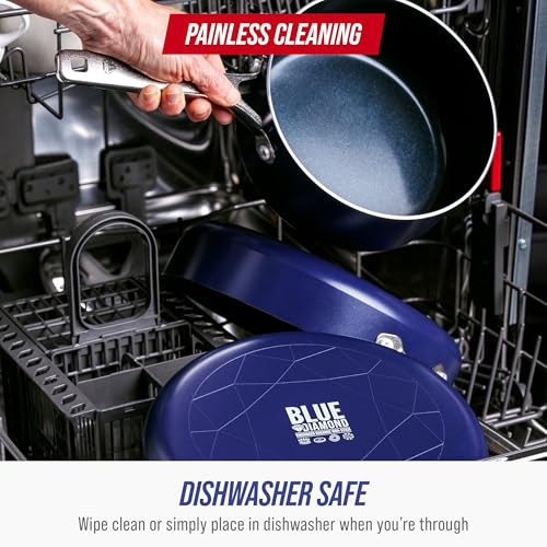 Blue Diamond 12 Piece Nonstick Cookware Set, Diamond Ceramic Pots & Pans, Dishwasher & Metal Utensil Safe, Non Toxic PFAS-Free, Kitchen Cooking Sauce & Saute Pans, Oven & Broiler to 600F, Blue