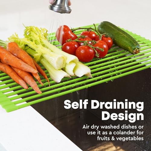 Zulay Kitchen Large Roll Up Dish Drying Rack - Heavy Duty Silicone Wrapped Steel Rods Over Sink Dish Drying Rack - Versatile Roll Up Sink Drying Rack & Trivet - Green,20.5 inches x 13 inches
