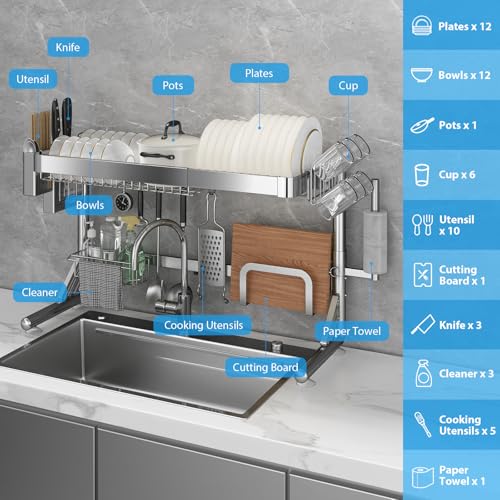 Shrivee Over The Sink Dish Drainer Drying Rack, 2 Tier Adjustable Width (20.87'' to 37.6'') 304 Stainless Steel Large Over Sink Dish Drying Rack for Kitchen Counter Organizer, (Silver)