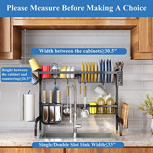 SAYZH Over the Sink Dish Drying Rack, Adjustable (25.5 to 33.5 inch) 2 Tier Metal Steel Dish Drying Racks for Kitchen Counter with Hooks Paper Towel Utensil Cup Holder Sink Caddy (Black)