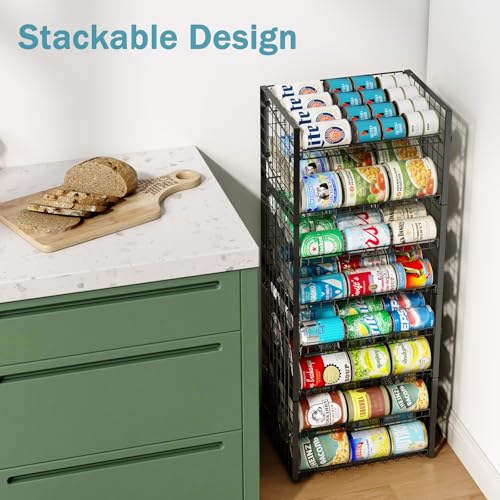 3-Pack Stackable Can Rack Organizer for Pantry, Adjustable Can Holder for Various Ounce of Cans up to 90, Rolling Can Dispenser for Canned Food Soup Goods Storage in Kitchen Cabniet, 2 Tier, Black