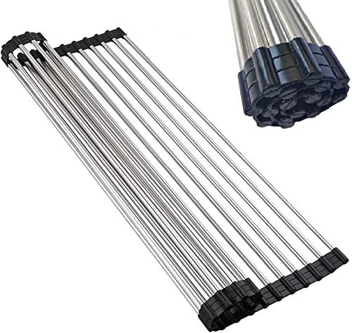 SHUYUE Roll up Dish Drying Rack Over The Sink Portable Stainless Still Rolling Rack Folding Mat for Kitchen Counter (Black, 17.7''LX11.8''W)