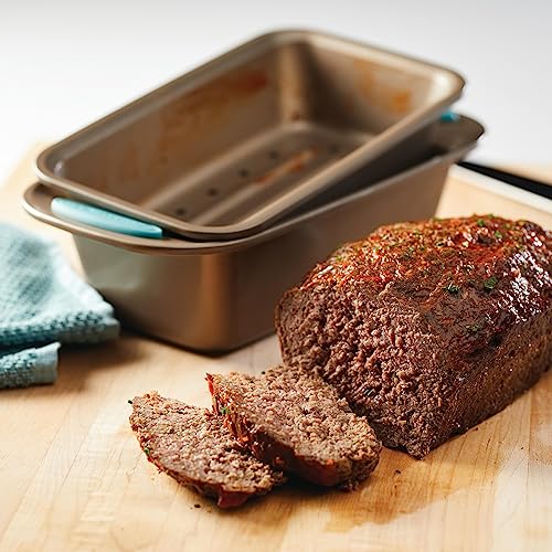 Rachael Ray 47578 Cucina Nonstick Bakeware Set with Grips Includes Nonstick Bread Pan, Baking Sheet, Cookie Sheet, Baking Pans, Cake Pan and Muffin Pan - 10 Piece, Latte Brown with Agave Blue Grips