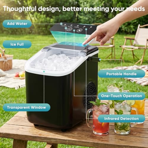 DUMOS Ice Maker Countertop, Ice Machine with Portable Handle, Basket and Scoop, 26lbs Daily, 9 Bullet Cubes in 6-8 Mins, Auto-Cleaning for Home, Kitchen, Office, Outdoors, RV Camping