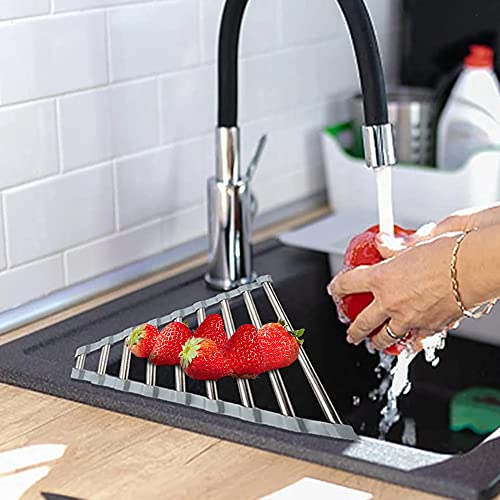 Fafcitvz Triangle Dish Drying Rack Multipurpose Roll-up Drying Rack for Sink Corner Stainless Steel Over The Sink Corner Dish Drainer Mat for Kitchen (Black)