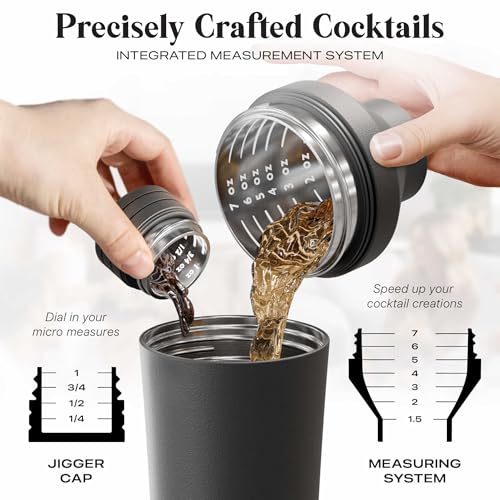BARE BARREL Insulated Cocktail Shaker Set | Double Wall Stainless Steel | Martini Shaker for Home Bar Bartending | Built-in Drink Measure System & Strainer, Travel Bag, Recipes | Gift Set (Matt Black)