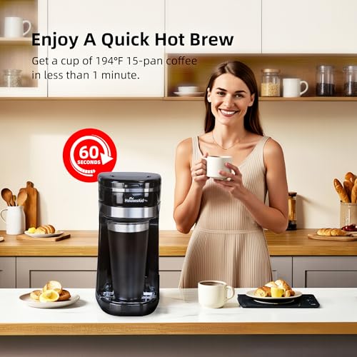 HousesAid Coffee Machine,Single Serve Coffee Maker,One Cup Coffee Maker with Reusable Filter&One-touch Control Button,Portable Brewer for Camping,Travel&Home,Easy To Clean& Store,15oz/450ml,Black